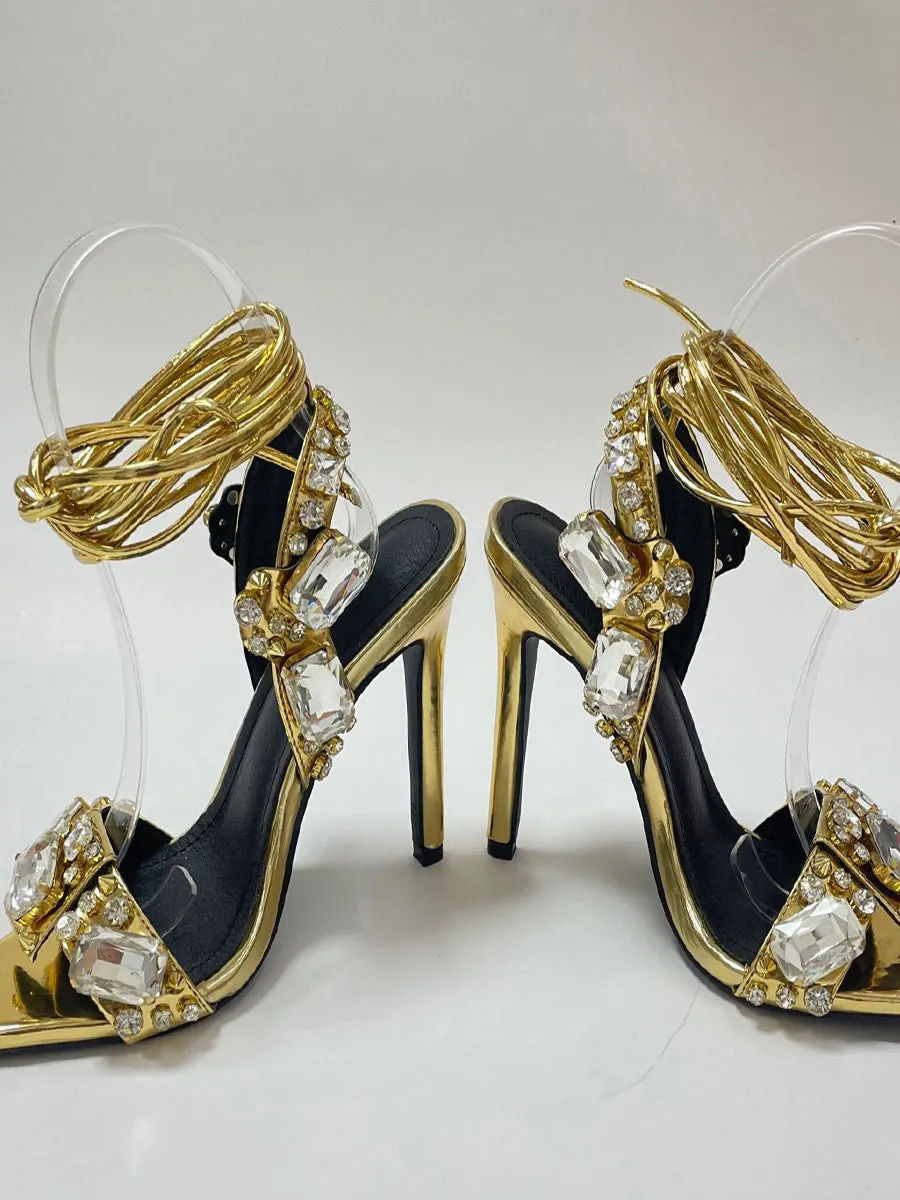 Crisscross Rhinestone Strap High Heel Sandal