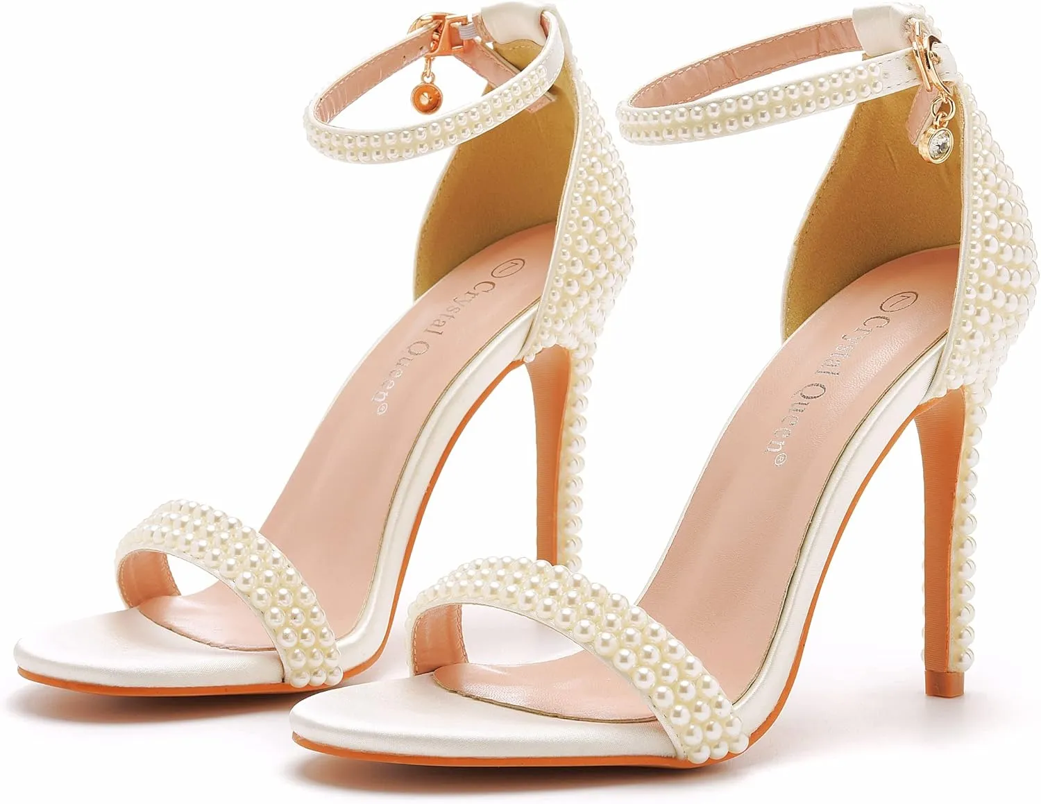 Crystal Queen 4.2 inches White Pearls Bridal Stiletto Heels Sandals Peep Toe Women's Ivory Pearls Sandals For Wedding Party Evening