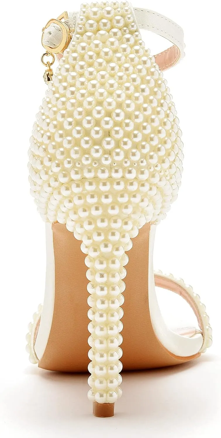Crystal Queen 4.2 inches White Pearls Bridal Stiletto Heels Sandals Peep Toe Women's Ivory Pearls Sandals For Wedding Party Evening
