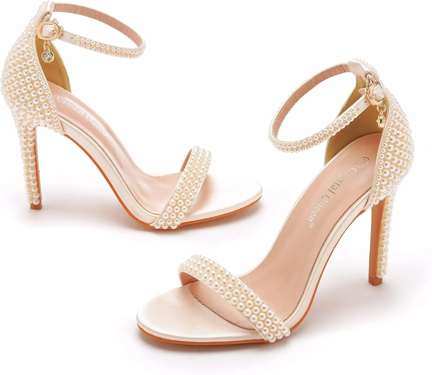 Crystal Queen 4.2 inches White Pearls Bridal Stiletto Heels Sandals Peep Toe Women's Ivory Pearls Sandals For Wedding Party Evening