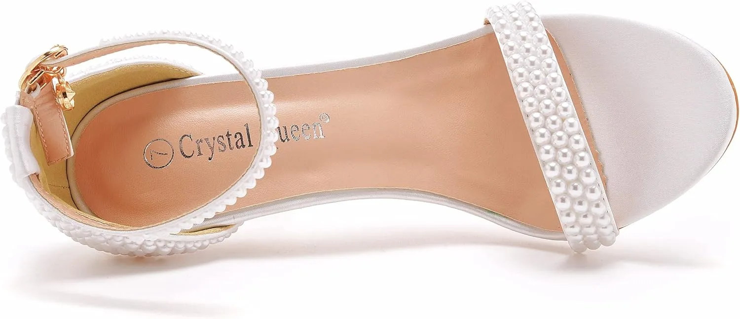 Crystal Queen 4.2 inches White Pearls Bridal Stiletto Heels Sandals Peep Toe Women's Ivory Pearls Sandals For Wedding Party Evening