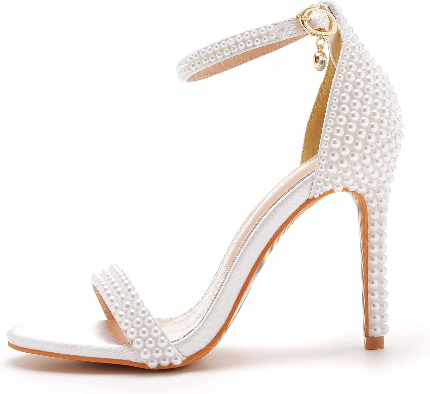 Crystal Queen 4.2 inches White Pearls Bridal Stiletto Heels Sandals Peep Toe Women's Ivory Pearls Sandals For Wedding Party Evening