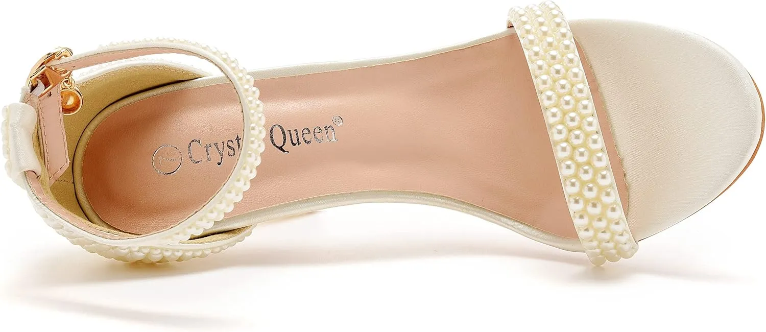 Crystal Queen 4.2 inches White Pearls Bridal Stiletto Heels Sandals Peep Toe Women's Ivory Pearls Sandals For Wedding Party Evening
