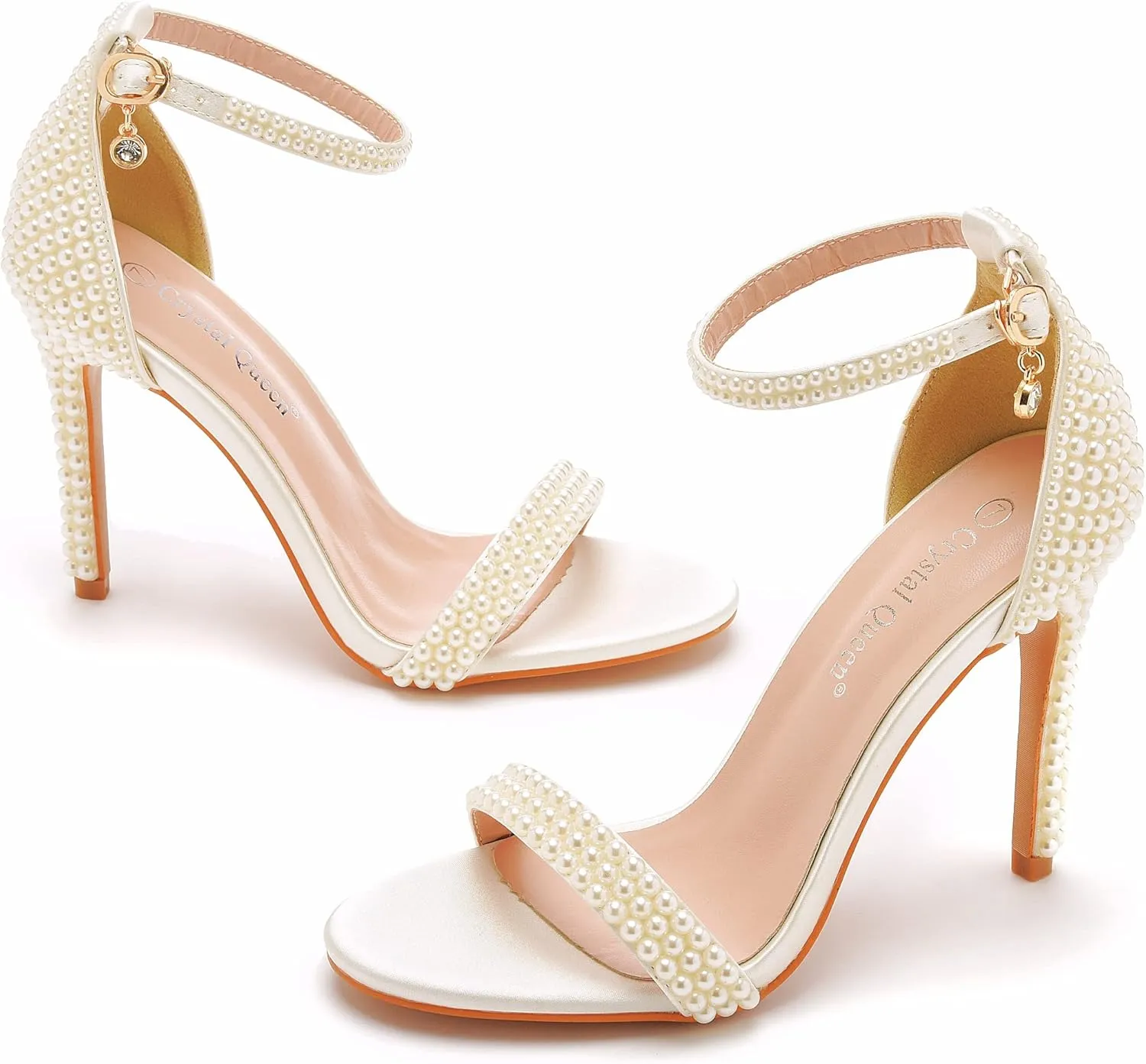 Crystal Queen 4.2 inches White Pearls Bridal Stiletto Heels Sandals Peep Toe Women's Ivory Pearls Sandals For Wedding Party Evening