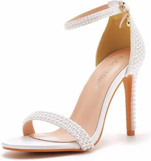 Crystal Queen 4.2 inches White Pearls Bridal Stiletto Heels Sandals Peep Toe Women's Ivory Pearls Sandals For Wedding Party Evening