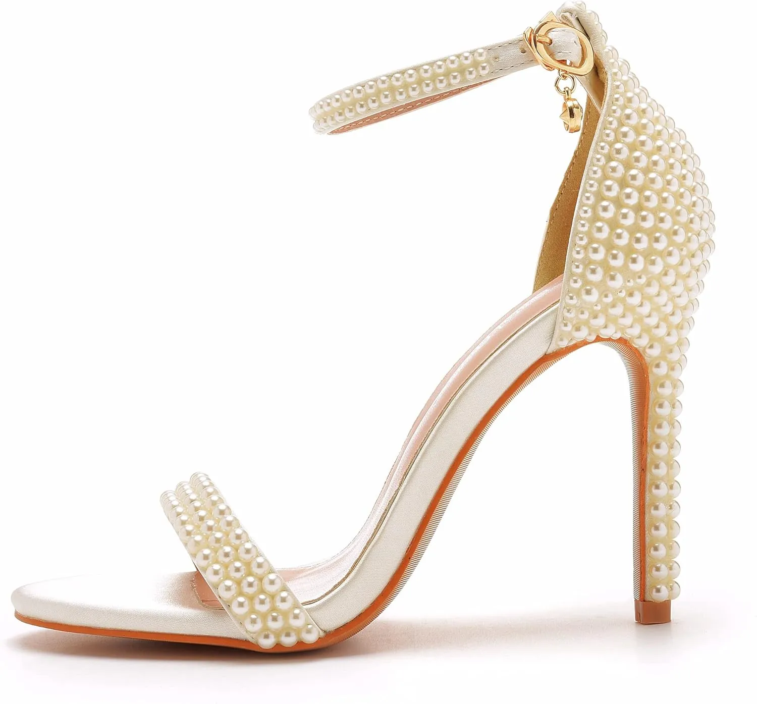 Crystal Queen 4.2 inches White Pearls Bridal Stiletto Heels Sandals Peep Toe Women's Ivory Pearls Sandals For Wedding Party Evening
