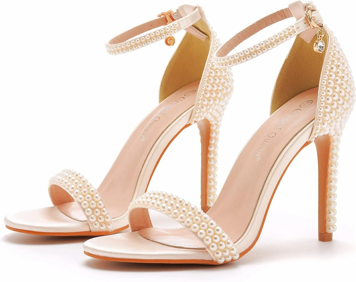 Crystal Queen 4.2 inches White Pearls Bridal Stiletto Heels Sandals Peep Toe Women's Ivory Pearls Sandals For Wedding Party Evening