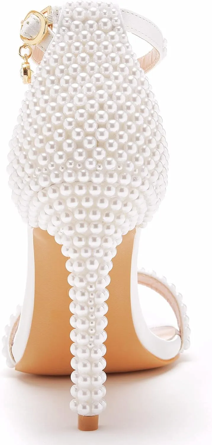 Crystal Queen 4.2 inches White Pearls Bridal Stiletto Heels Sandals Peep Toe Women's Ivory Pearls Sandals For Wedding Party Evening