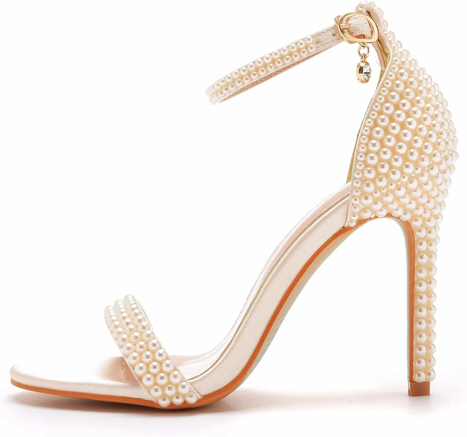 Crystal Queen 4.2 inches White Pearls Bridal Stiletto Heels Sandals Peep Toe Women's Ivory Pearls Sandals For Wedding Party Evening