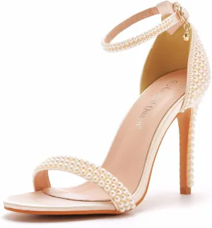Crystal Queen 4.2 inches White Pearls Bridal Stiletto Heels Sandals Peep Toe Women's Ivory Pearls Sandals For Wedding Party Evening