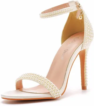 Crystal Queen 4.2 inches White Pearls Bridal Stiletto Heels Sandals Peep Toe Women's Ivory Pearls Sandals For Wedding Party Evening