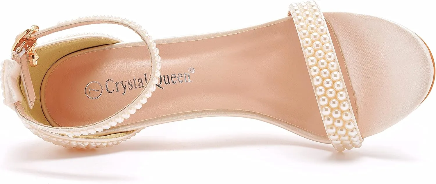 Crystal Queen 4.2 inches White Pearls Bridal Stiletto Heels Sandals Peep Toe Women's Ivory Pearls Sandals For Wedding Party Evening