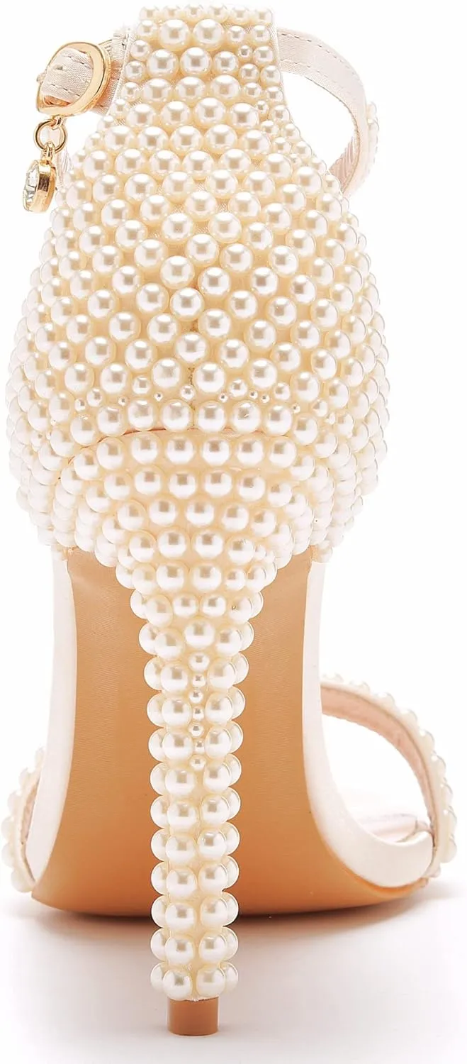Crystal Queen 4.2 inches White Pearls Bridal Stiletto Heels Sandals Peep Toe Women's Ivory Pearls Sandals For Wedding Party Evening
