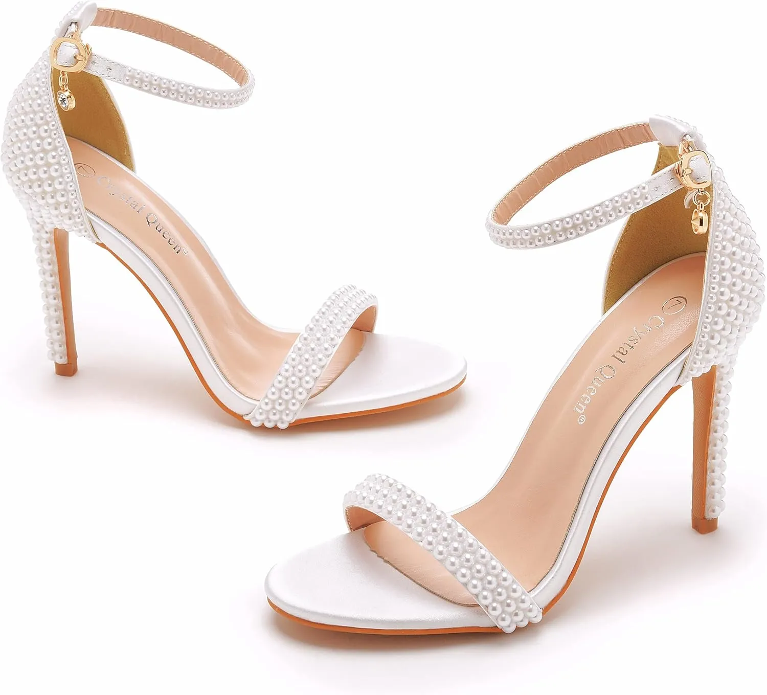 Crystal Queen 4.2 inches White Pearls Bridal Stiletto Heels Sandals Peep Toe Women's Ivory Pearls Sandals For Wedding Party Evening