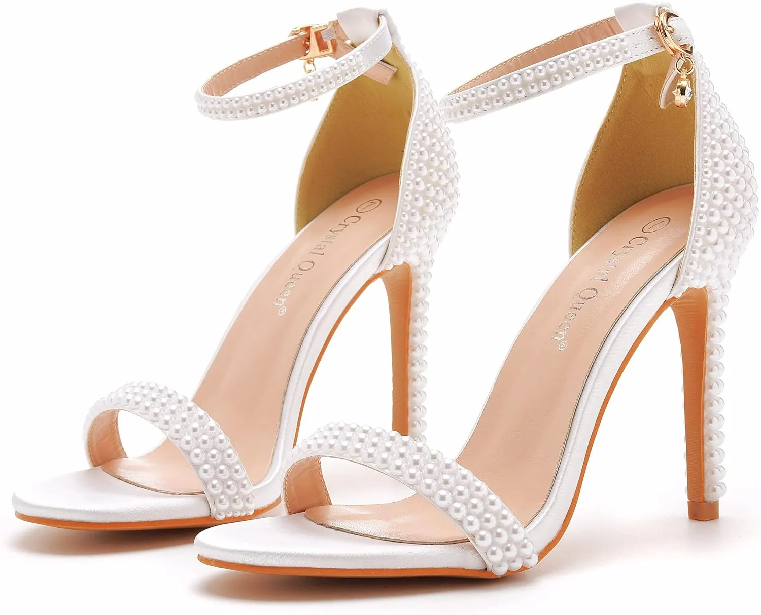 Crystal Queen 4.2 inches White Pearls Bridal Stiletto Heels Sandals Peep Toe Women's Ivory Pearls Sandals For Wedding Party Evening
