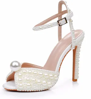 Crystal Queen Full Pearls Stiletto heels Sandals Thin High Heels Peep Toe Sandals White Pearls Bridal Wedding Shoes Evening Wedding Sandals Pump Heels For Bride