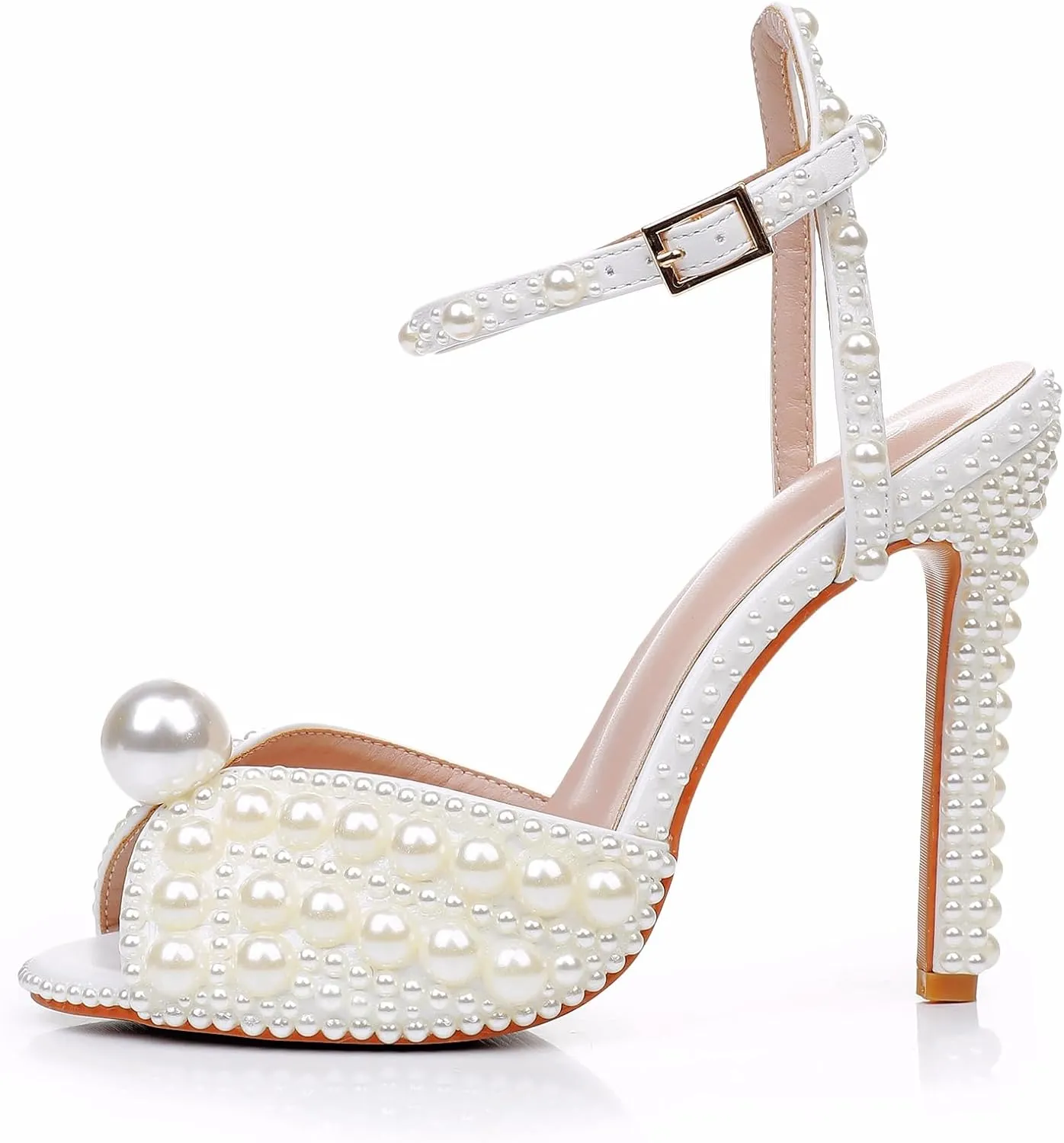 Crystal Queen Full Pearls Stiletto heels Sandals Thin High Heels Peep Toe Sandals White Pearls Bridal Wedding Shoes Evening Wedding Sandals Pump Heels For Bride