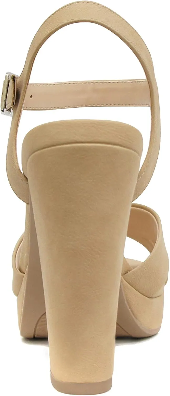 Delicious Style Keeper ~ Cross Band with Ankle Strap Buckle Block High Heel Fashion Sandals