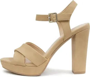Delicious Style Keeper ~ Cross Band with Ankle Strap Buckle Block High Heel Fashion Sandals