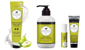 Dionis Goat Milk Skincare Bundle - Crisp Pear Body Lotion (8.5 oz), Travel Hand & Body Cream (3.3 oz), and Hand Cream & Lip Balm Set, Nourishing Care for Dry & Sensitive Skin, Cruelty-Free, Paraben-Fr