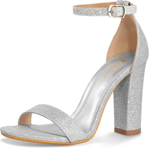 ElElax Women's 4 Inches Block High Heels Sandal, Nude Black Silver, Ankle Strap, Open Toe, for Wedding, Party, Prom