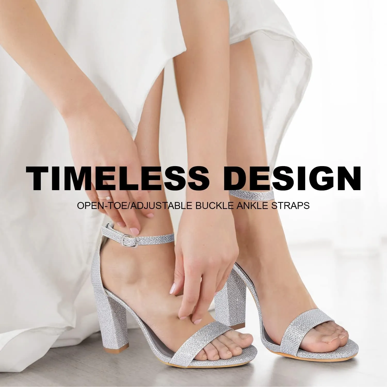 ElElax Women's 4 Inches Block High Heels Sandal, Nude Black Silver, Ankle Strap, Open Toe, for Wedding, Party, Prom