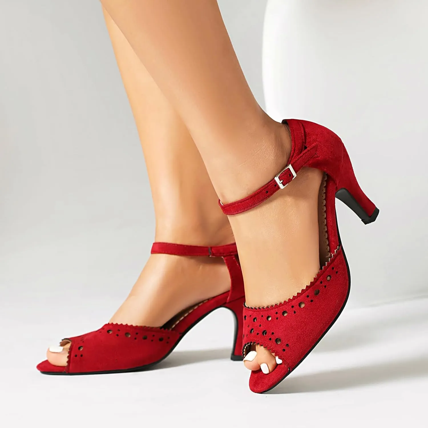 Elerhythm Women's Mary Jane Vintage Ankle Strap Wingtip Peep Toe Brogue Gatsby Heels Retro 1950s Pumps 1920s Victorian Shoes