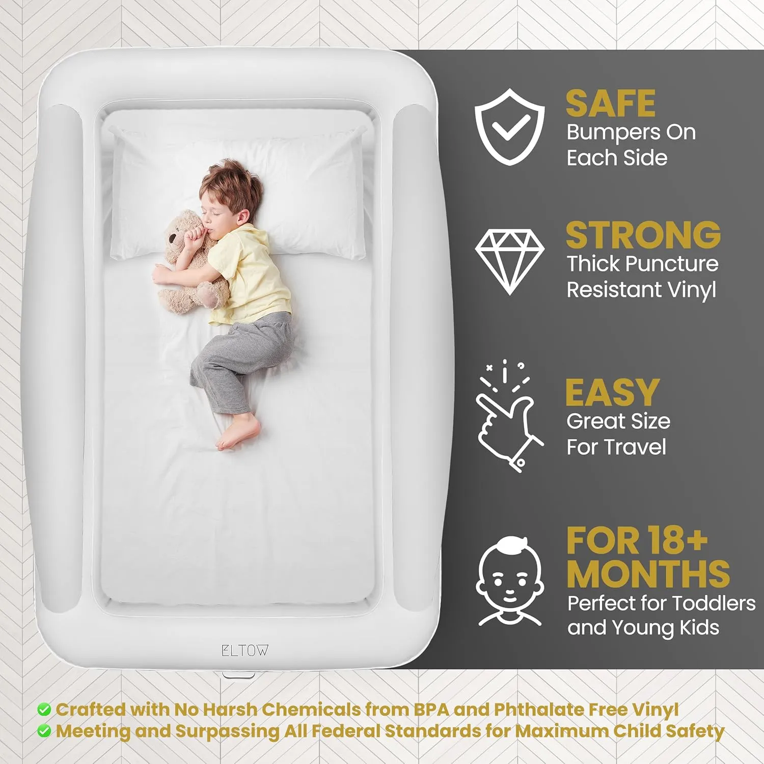 ELTOW Toddler Blow-Up Mattress with Sides, Inflatable Toddler Travel Bed with Safety Bumpers, Portable Kids Air Mattress for Travel, Complete Set with High-Speed Pump & Carry Bag - Black