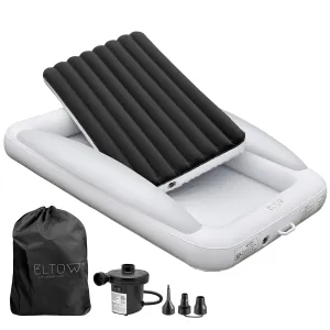 ELTOW Toddler Blow-Up Mattress with Sides, Inflatable Toddler Travel Bed with Safety Bumpers, Portable Kids Air Mattress for Travel, Complete Set with High-Speed Pump & Carry Bag - Black