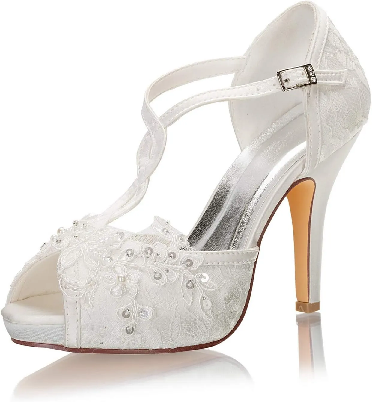 Emily Bridal Wedding Shoes Peep Toe Lace Imitated Silk Stiletto Bridal Pump Shoes (EU37/6.5 B(M) US, Ivory)