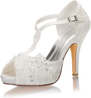 Emily Bridal Wedding Shoes Peep Toe Lace Imitated Silk Stiletto Bridal Pump Shoes (EU37/6.5 B(M) US, Ivory)
