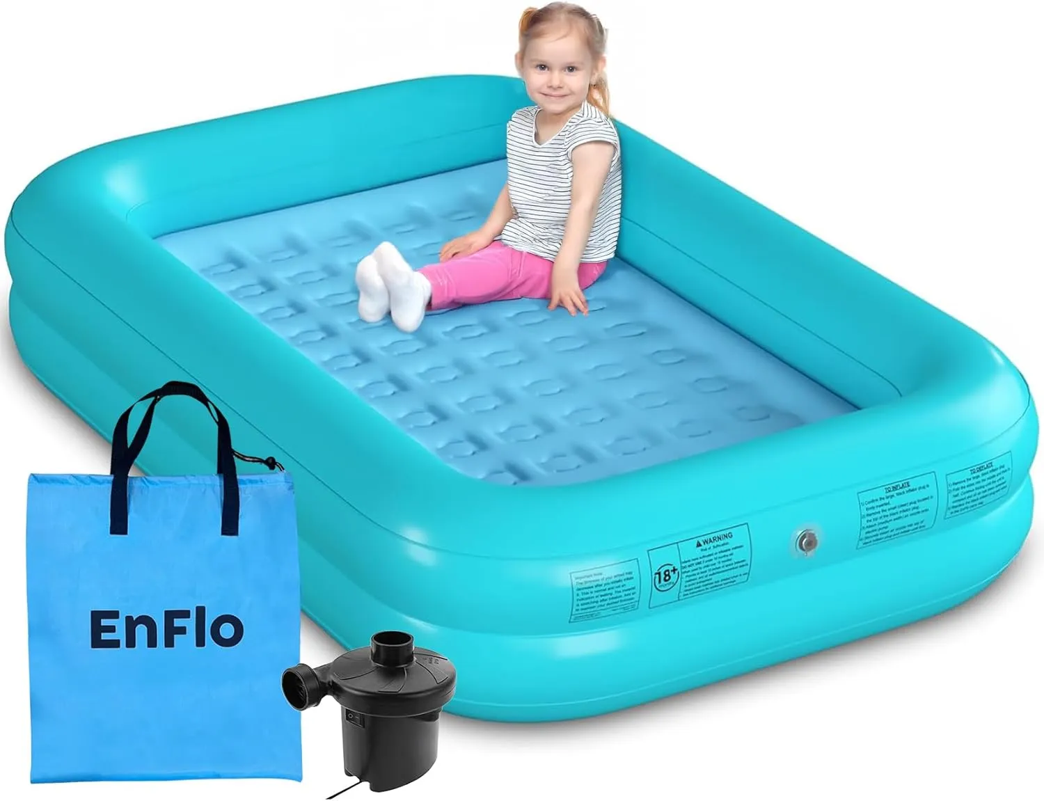 ENFLO Kids Inflatable Travel Bed with High Speed Pump | Blow Up Toddler Travel Bed with 4-Sided Safety Bumpers | Portable Toddler Air Mattress | Kids Air Mattress- Perfect for Sleepovers & Traveling