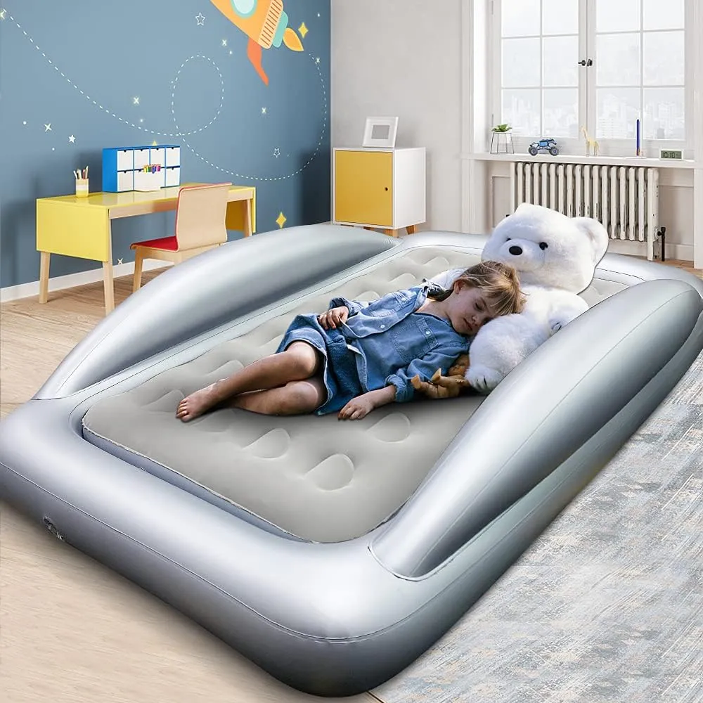 Fahuac Inflatable Kids Travel Bed Toddler Air Mattress Set,Portable Blow Up Mattress Sleeping Bed Cot with Bed Rails and Electric Pump Ideal for Road Trip