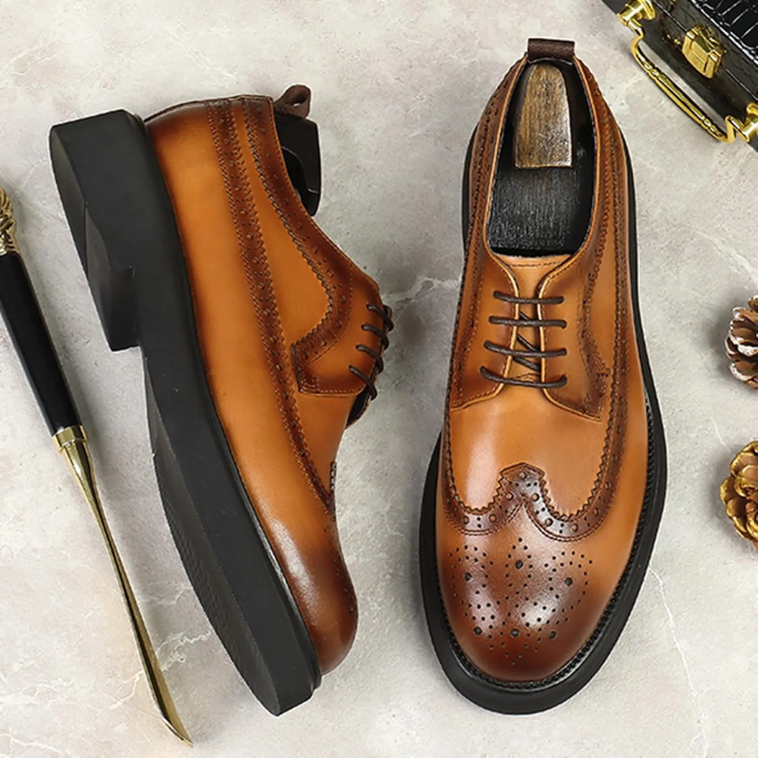 Fashion Brogues for Men, Lace Up Dress Derby Shoes for Male, Formal Wingtip Brogue for Wedding Party
