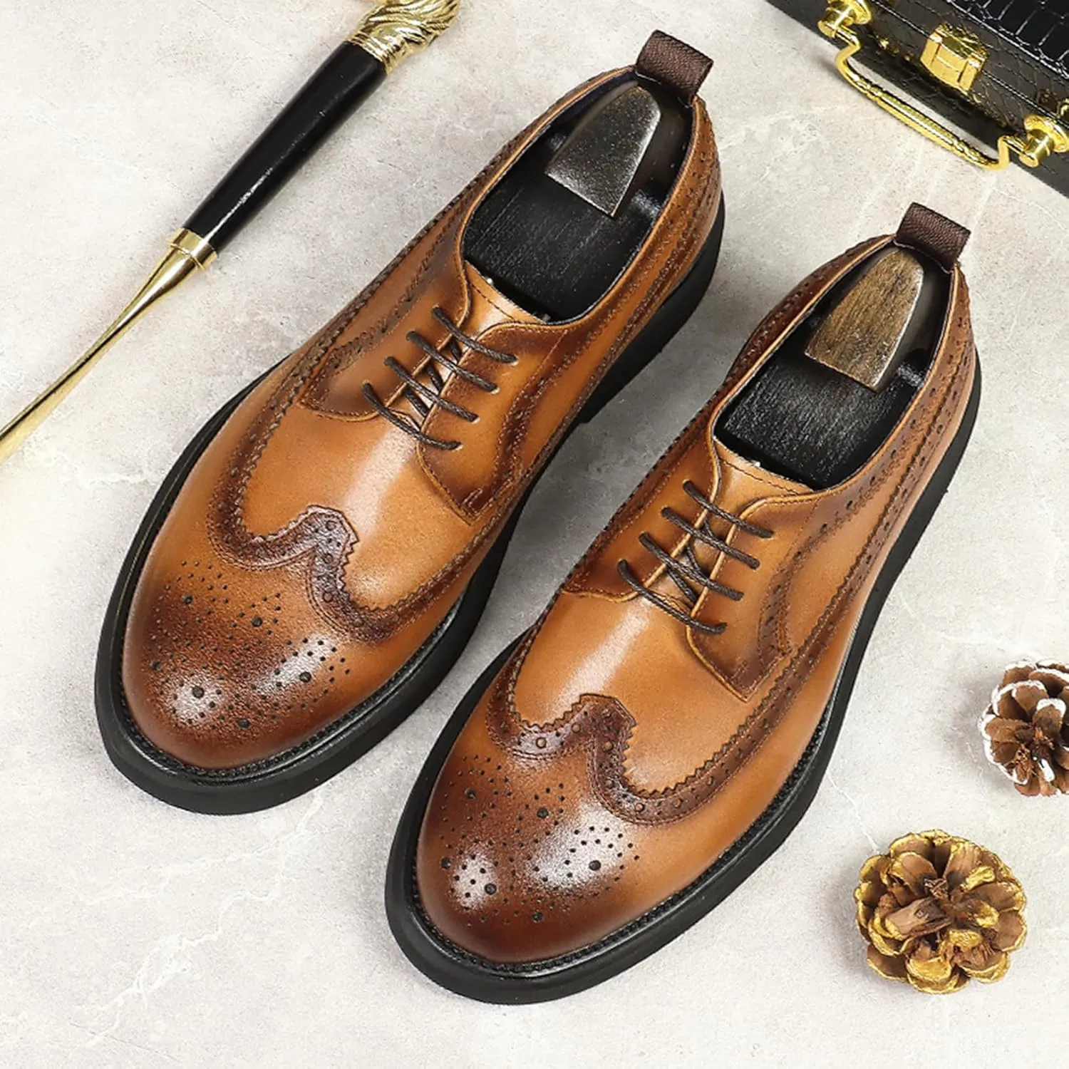 Fashion Brogues for Men, Lace Up Dress Derby Shoes for Male, Formal Wingtip Brogue for Wedding Party