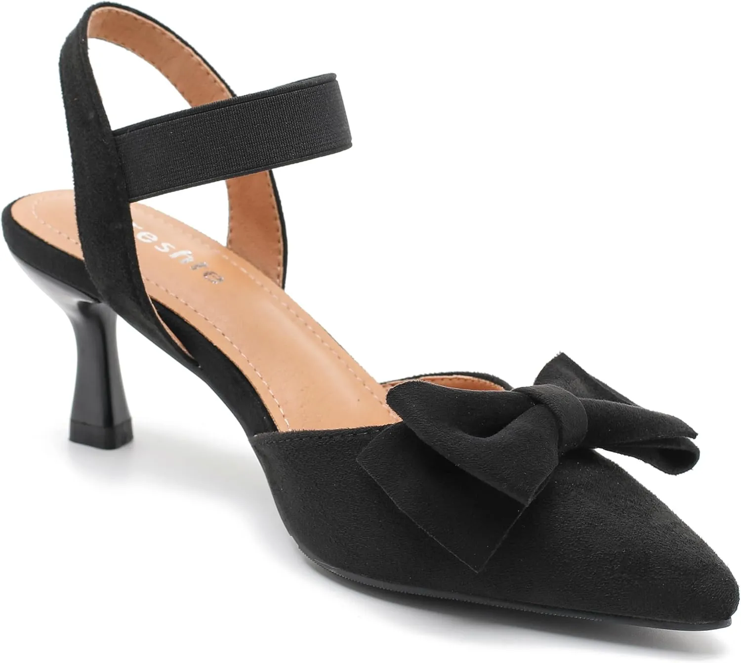fereshte Women's Bow Low Kitten Heels Pumps Elastic Ankle Strap Slip On Slingback Dress Shoes