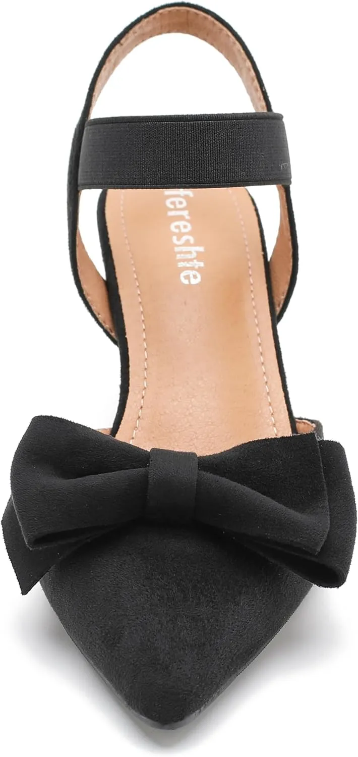 fereshte Women's Bow Low Kitten Heels Pumps Elastic Ankle Strap Slip On Slingback Dress Shoes
