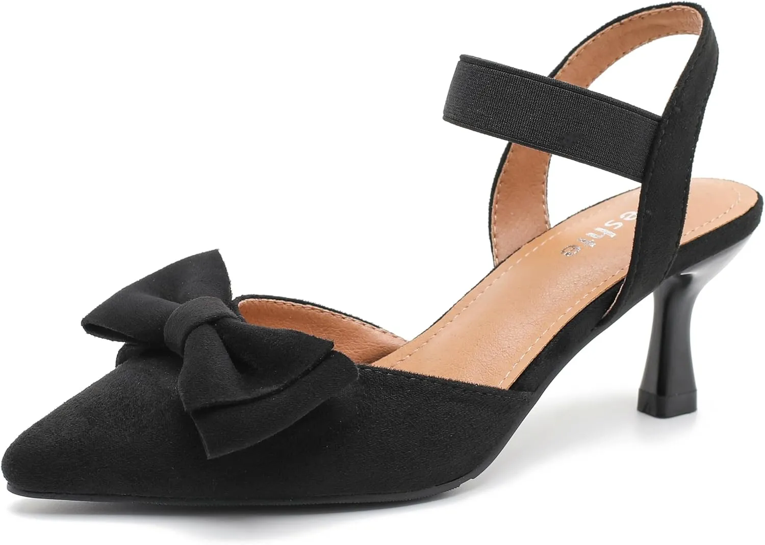fereshte Women's Bow Low Kitten Heels Pumps Elastic Ankle Strap Slip On Slingback Dress Shoes