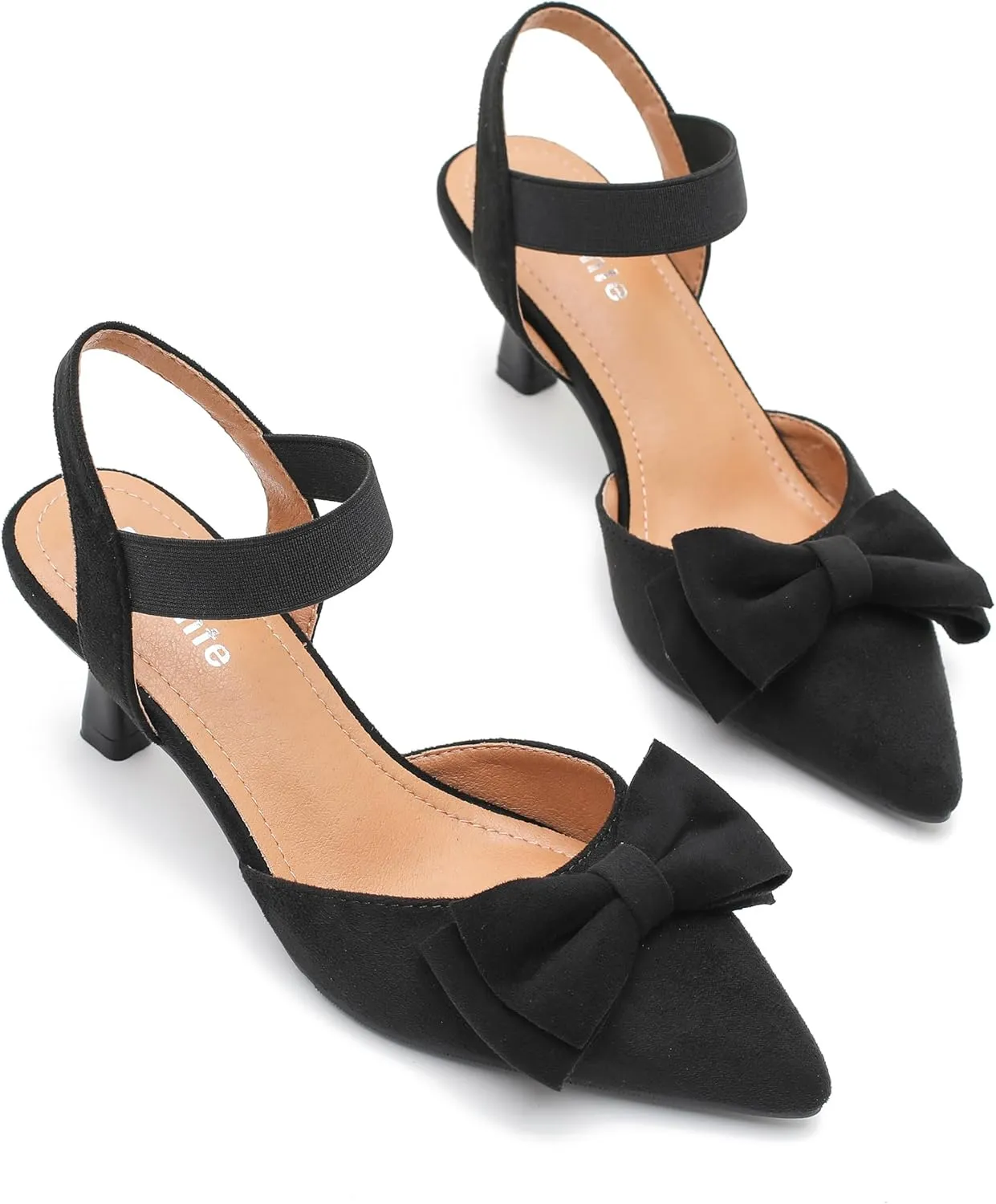 fereshte Women's Bow Low Kitten Heels Pumps Elastic Ankle Strap Slip On Slingback Dress Shoes