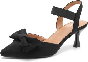 fereshte Women's Bow Low Kitten Heels Pumps Elastic Ankle Strap Slip On Slingback Dress Shoes