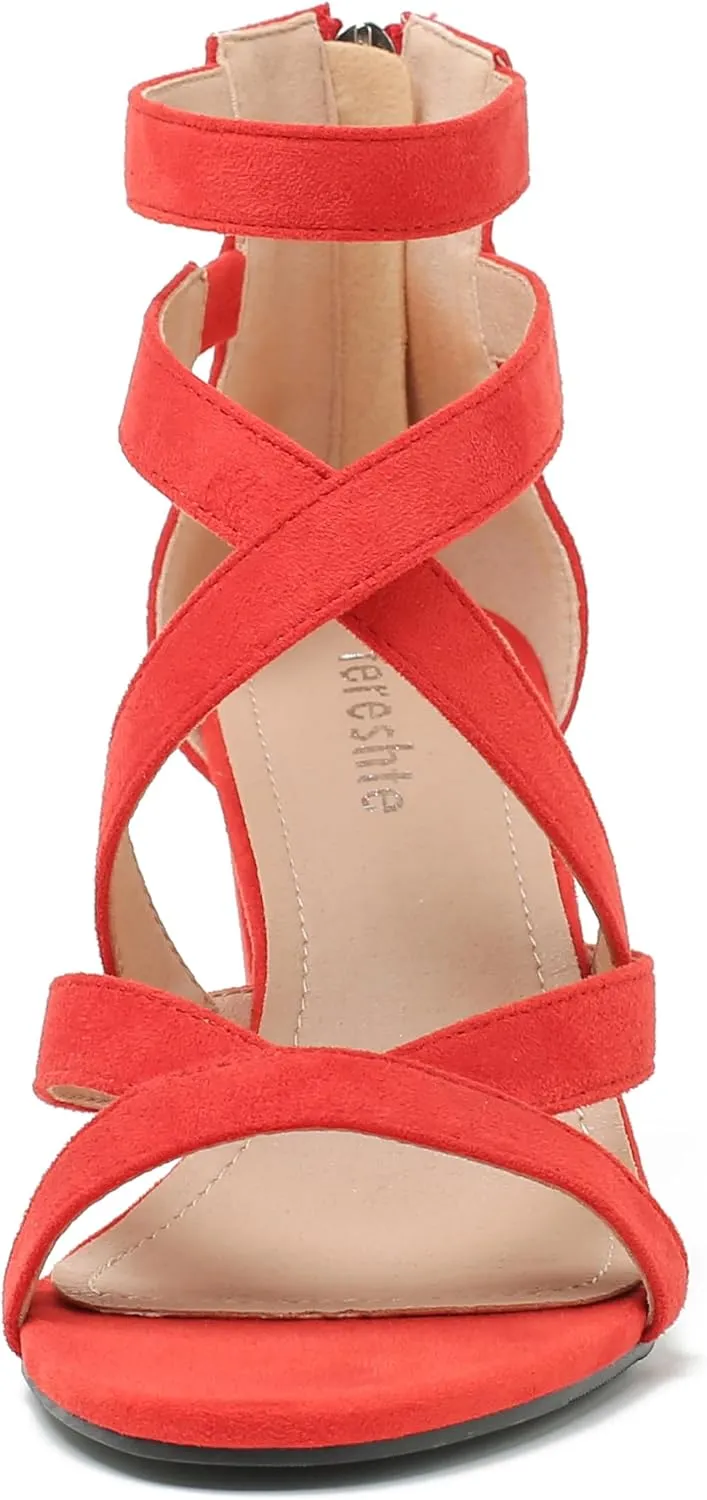 fereshte Womens Chunky Strappy Sandal Hollow Out High Heeled Gladiator Zip Up Sandals