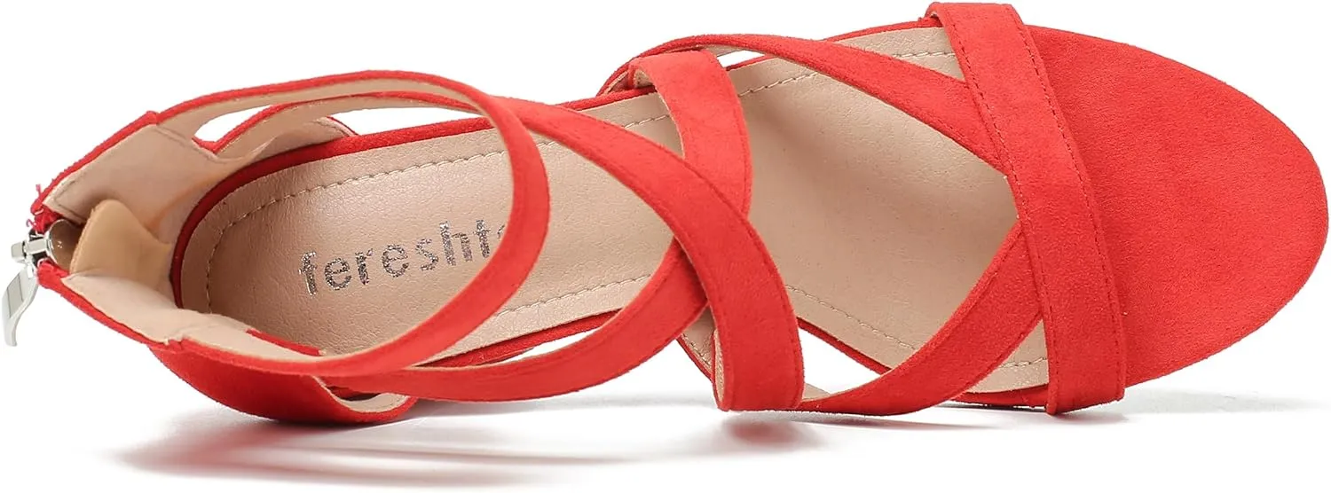fereshte Womens Chunky Strappy Sandal Hollow Out High Heeled Gladiator Zip Up Sandals