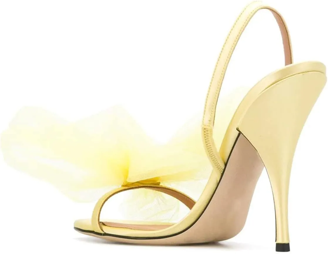 FSJ Women Fashion Large Floral Mesh Bow Open Toe Stylish Mid Heels Stiletto Pump Elastic Slingback Sandals Slip on Shoes Wedding Dress Comfy Shoes Size 4-15 US