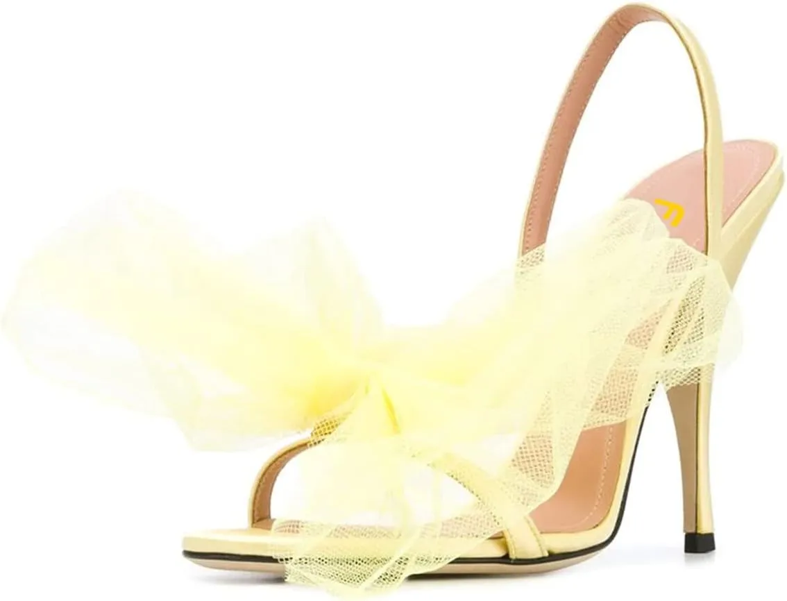 FSJ Women Fashion Large Floral Mesh Bow Open Toe Stylish Mid Heels Stiletto Pump Elastic Slingback Sandals Slip on Shoes Wedding Dress Comfy Shoes Size 4-15 US