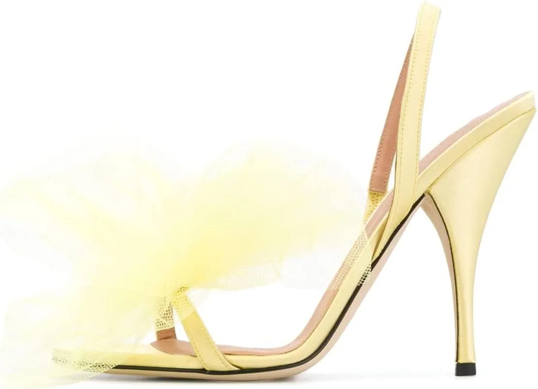 FSJ Women Fashion Large Floral Mesh Bow Open Toe Stylish Mid Heels Stiletto Pump Elastic Slingback Sandals Slip on Shoes Wedding Dress Comfy Shoes Size 4-15 US