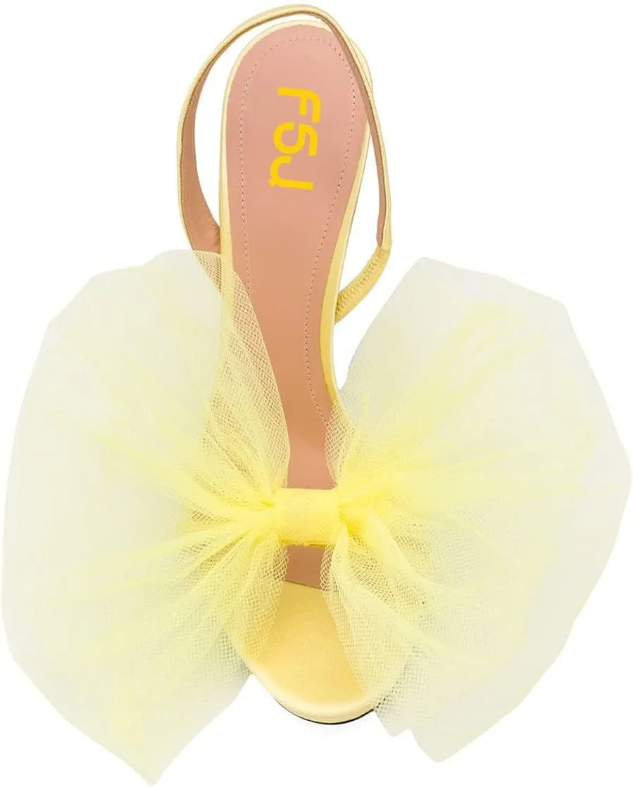 FSJ Women Fashion Large Floral Mesh Bow Open Toe Stylish Mid Heels Stiletto Pump Elastic Slingback Sandals Slip on Shoes Wedding Dress Comfy Shoes Size 4-15 US