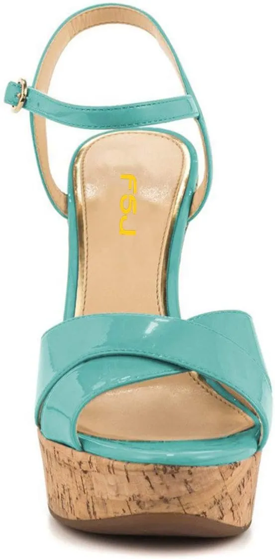 FSJ Women Peep Toe Platform Sandals Cork Wedge High Heel Ankle Strap Summer Party Pump Shoes Size 4-15 US