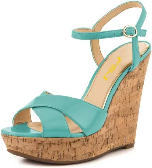 FSJ Women Peep Toe Platform Sandals Cork Wedge High Heel Ankle Strap Summer Party Pump Shoes Size 4-15 US