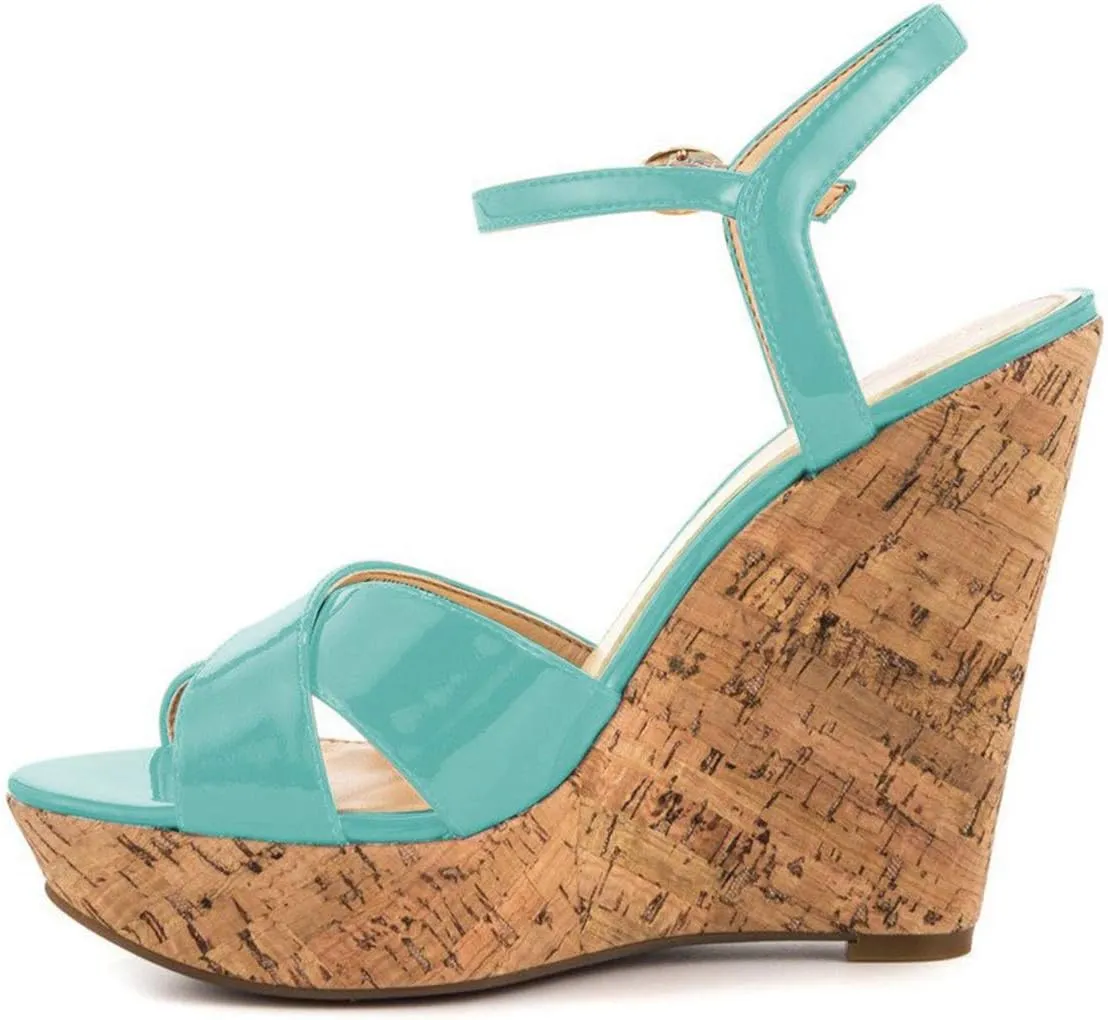 FSJ Women Peep Toe Platform Sandals Cork Wedge High Heel Ankle Strap Summer Party Pump Shoes Size 4-15 US