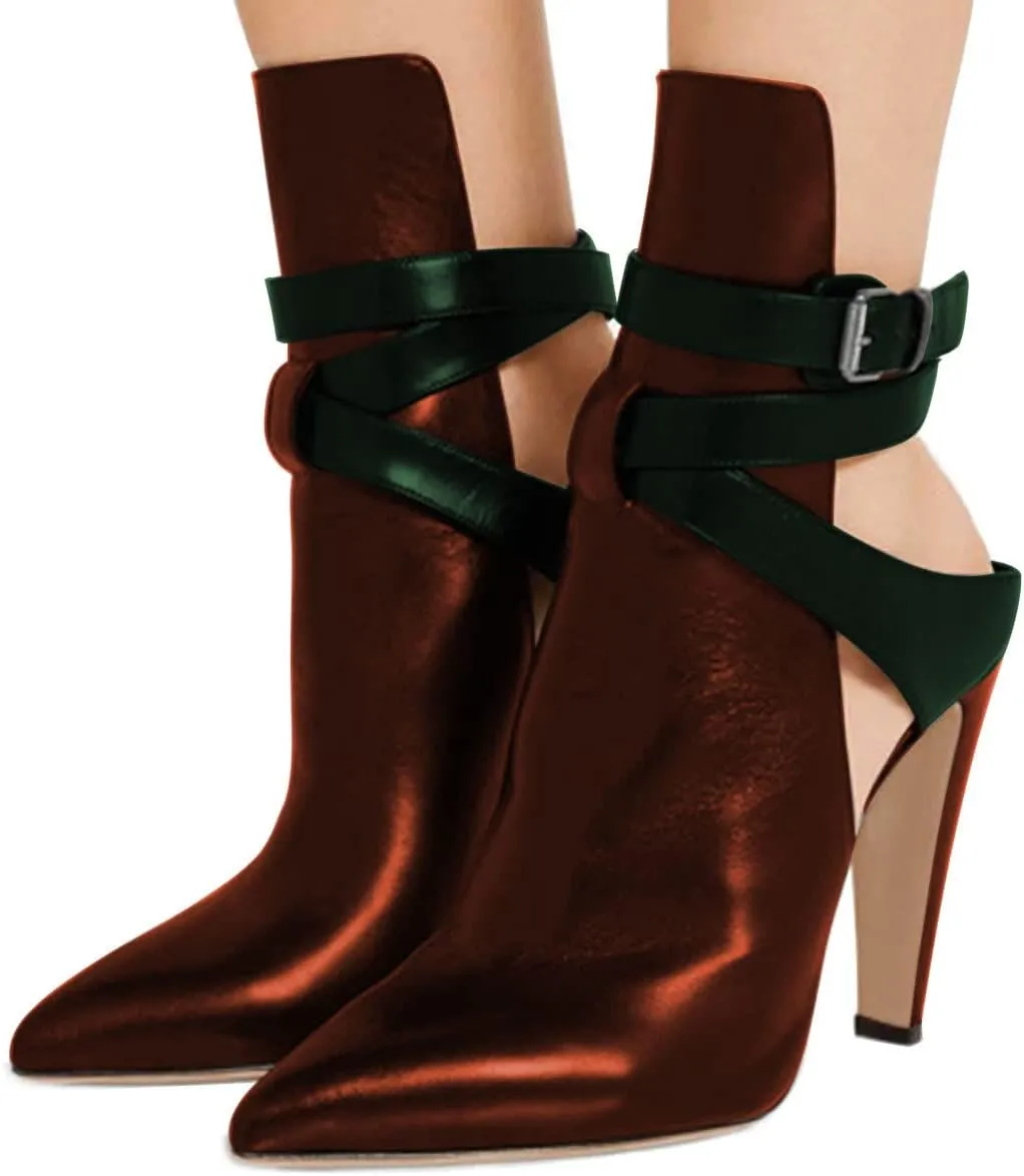 FSJ Women Pointed Toe Chunky High Heel Strappy Dress Bootie Pump Ankle Wrap Slingback Sandal Shoes Size 4-15 M US